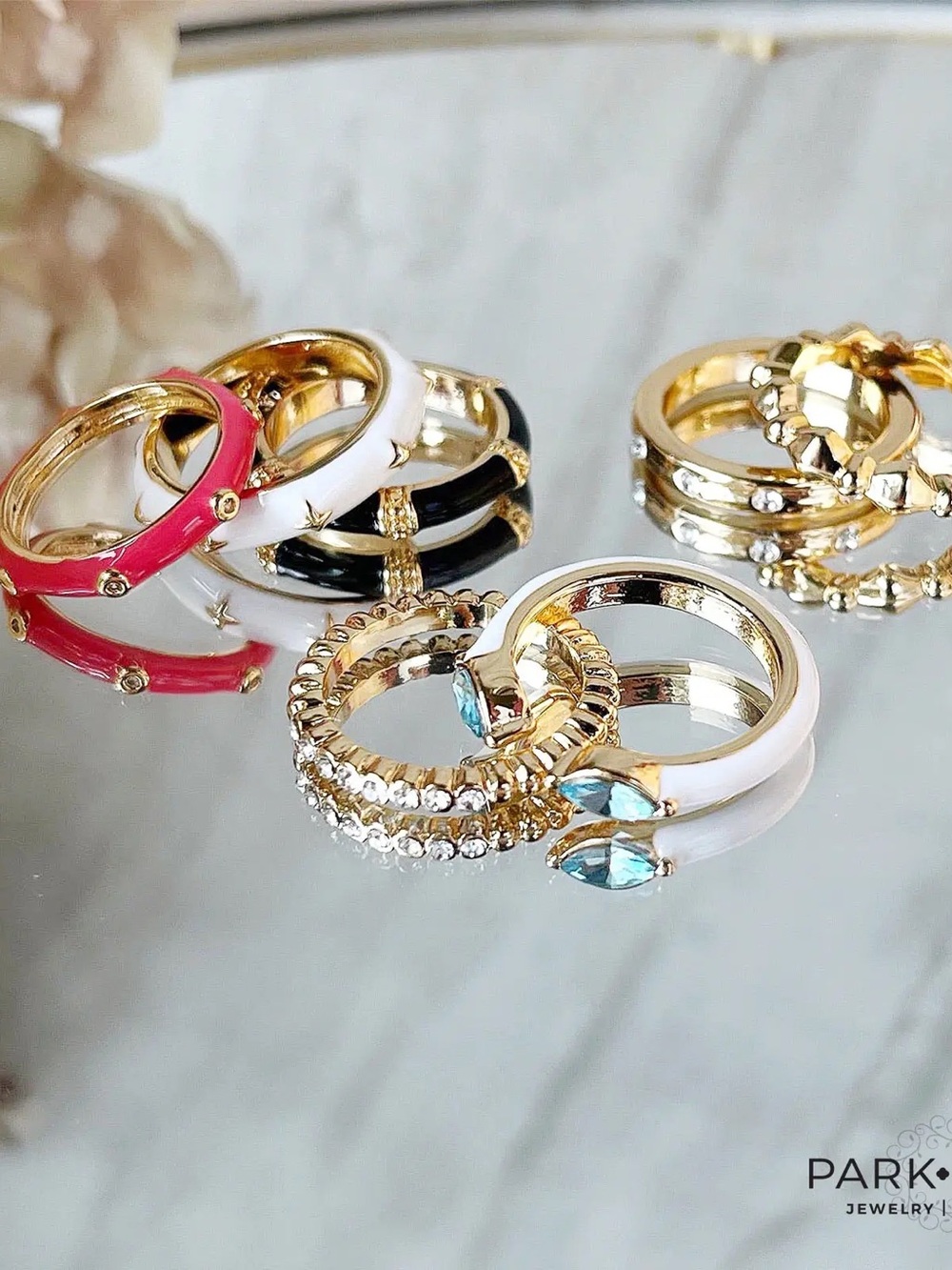 Park Lane Gold-Plated Stackable Rings with White, Black, Pink & Blue Accents